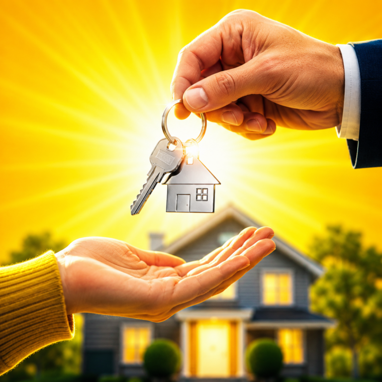 Landlord handing house keys to a tenant buying their rented home