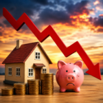 Falling house prices and landlord investment returns illustrated by a house, piggy bank and downward red arrow