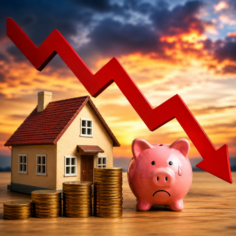 Falling house prices and landlord investment returns illustrated by a house, piggy bank and downward red arrow