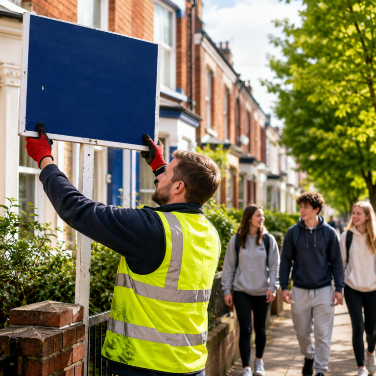 Worker removing a letting agent board outside a student rental home in Birmingham after council enforcement.