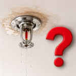 Water dripping from a ceiling fire sprinkler head with surrounding water stains, illustrating a suspected sprinkler leak in a leasehold flat.