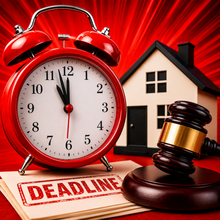 Red alarm clock, judge’s gavel and house symbolising the 31 July court possession deadline for landlords