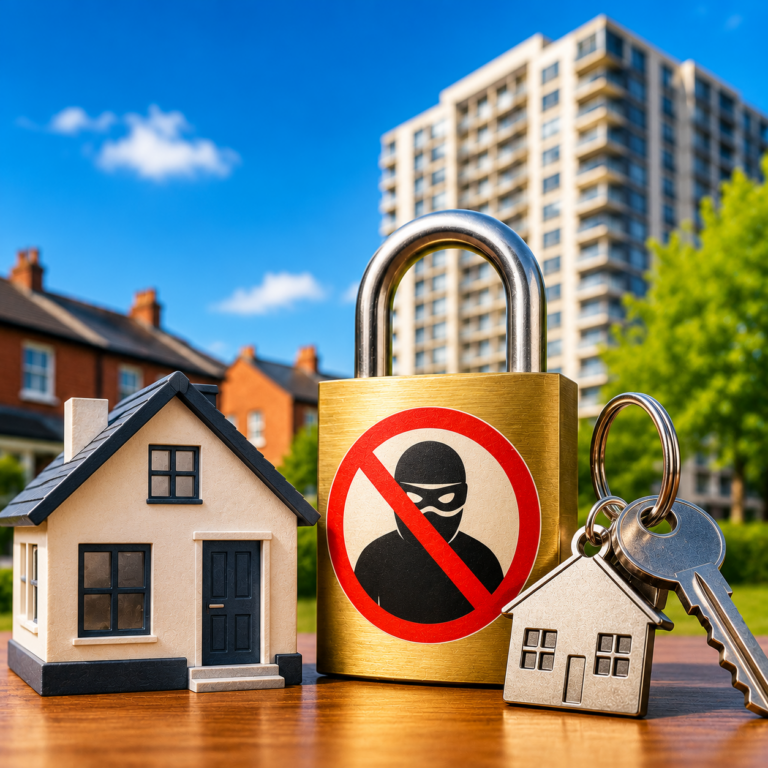 Model house, padlock with anti-fraud symbol and house keys representing Birmingham City Council’s crackdown on tenancy fraud.