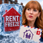 Rent freeze campaign graphic showing frozen rent sign, Housing Secretary Angela Rayner and Generation Rent postcard initiative.