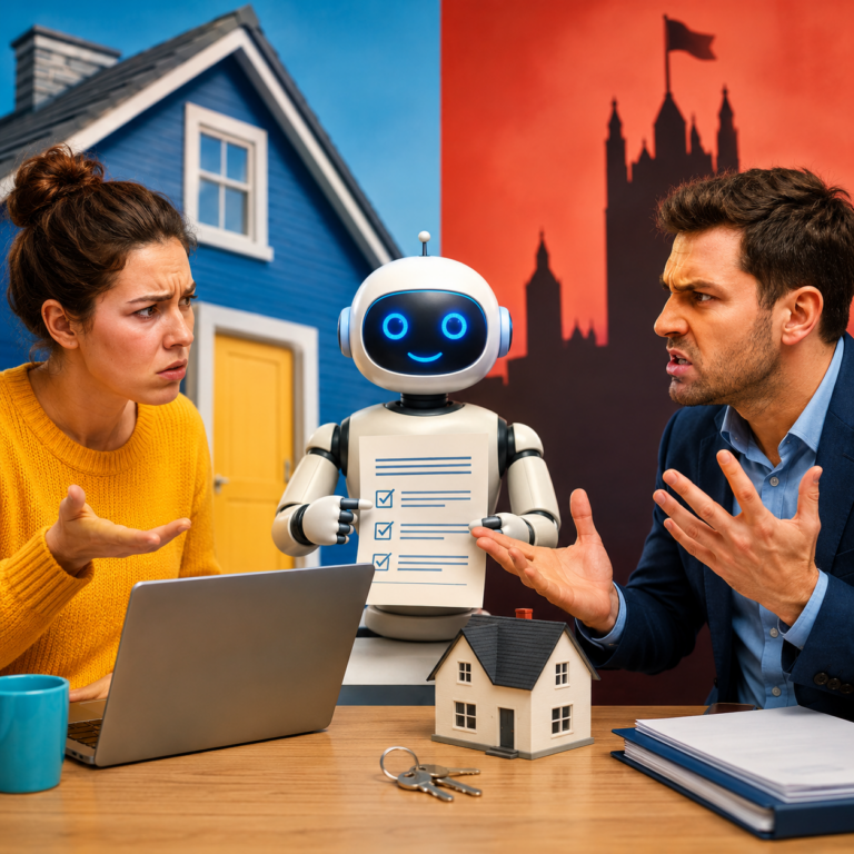 AI-assisted tenant dispute over landlord with government and housing redress concept illustration