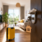 Key in a front door with a holiday home keyring and suitcase inside, illustrating government action on short-term lets.