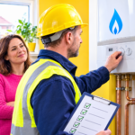 Gas engineer carrying out a boiler safety inspection in a social housing home while a tenant looks on.