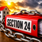 Section 24 tax file bound with chain beside a house, illustrating the impact of mortgage interest tax changes on landlords.