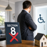 Landlord considering post-Section 21 eviction options beside a Section 8 sign with a model house in the foreground.