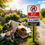 Fly-tipped furniture and household waste beside a warning sign highlighting penalties for illegal dumping in a residential area.