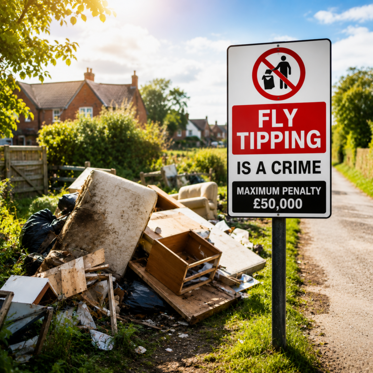 Fly-tipped furniture and household waste beside a warning sign highlighting penalties for illegal dumping in a residential area.