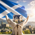 Scottish First Homes Fund concept showing a family home, Scottish flag and first-time buyer support in Scotland.