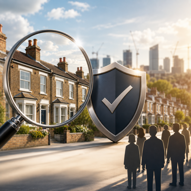 Magnifying glass and shield highlighting private rented homes, representing higher rental property standards and landlord compliance.