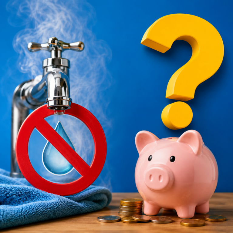 Failed hot water tank with a no hot water symbol, piggy bank and question mark representing tenant compensation after prolonged hot water loss.