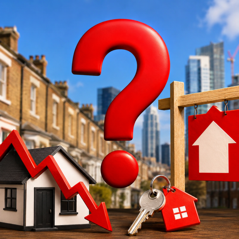 House model with falling price arrow, keys and a question mark illustrating uncertainty in London's property market.