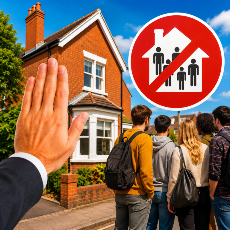 Proposed planning restrictions on small HMO conversions in Reigate and Banstead illustrated with family home and no-HMO symbol.
