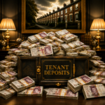Secure tenant deposit box surrounded by stacks of cash, illustrating the debate over tenancy deposit protection reforms.