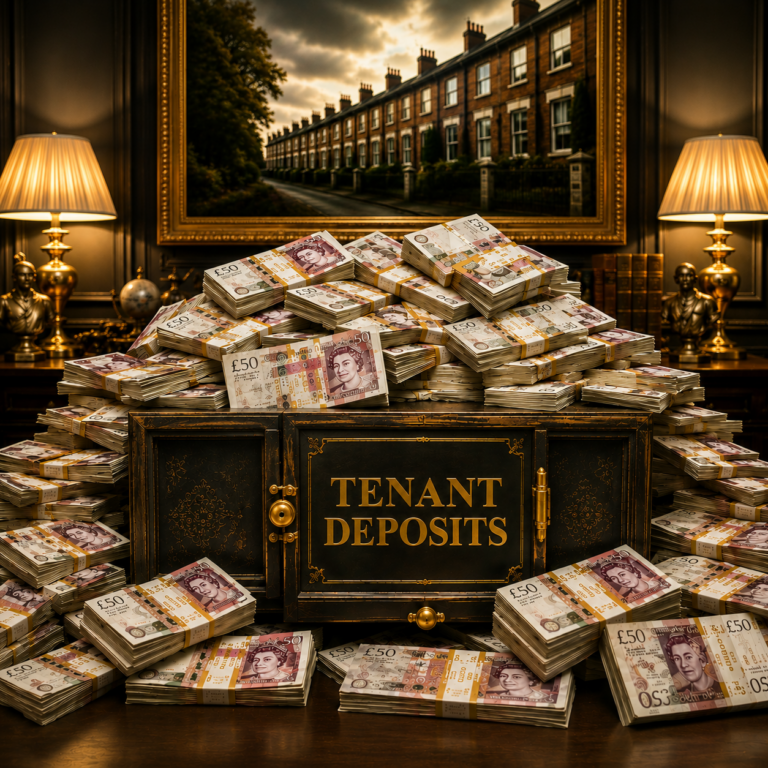 Secure tenant deposit box surrounded by stacks of cash, illustrating the debate over tenancy deposit protection reforms.