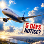 Commercial airplane towing a banner reading “5 Days Notice?” above a city skyline, illustrating a tenant notice dispute
