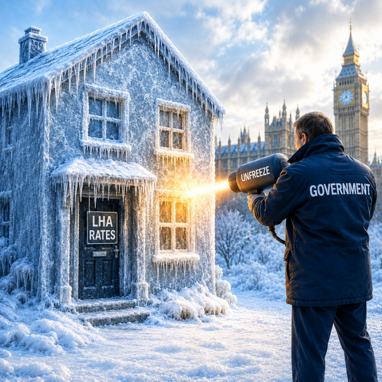Frozen house symbolising the Local Housing Allowance freeze and the UK's housing affordability crisis.
