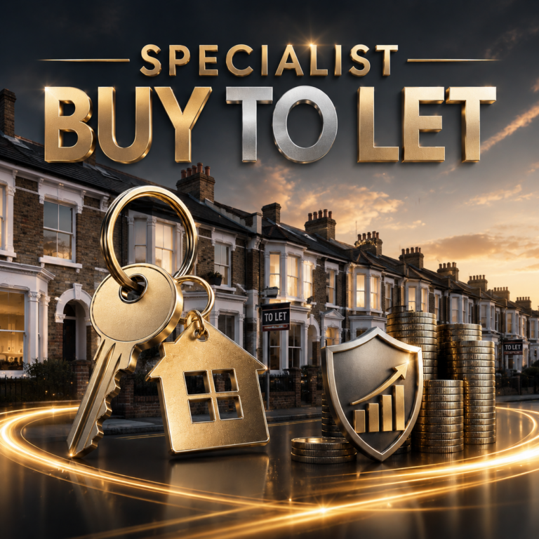 Specialist buy to let lending concept with rental properties, keys, coins and growth shield illustrating portfolio landlords