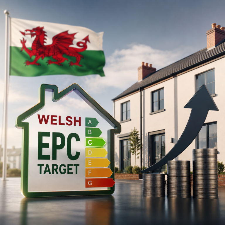 Welsh EPC C target graphic showing energy rating, housing, rising costs and the Welsh flag