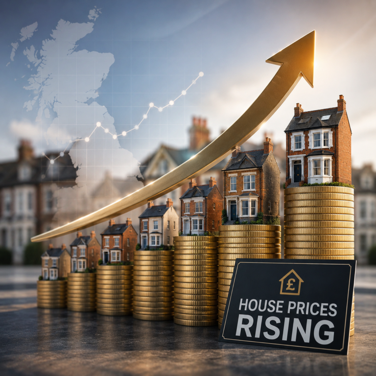 Rising UK house prices illustrated with homes on stacked coins and an upward trend arrow across a UK map.