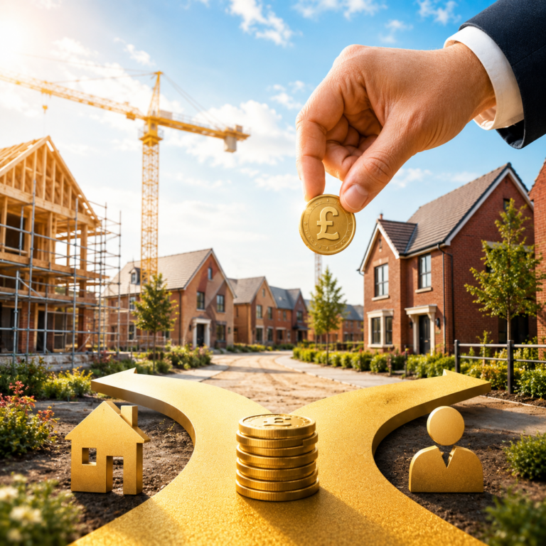 Hand placing a pound coin above new-build homes, illustrating Right to Buy reforms and social housing investment.