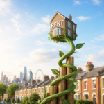 Illustration of rising UK rental costs with a house labelled “Rent” growing from stacked coins above terraced homes.