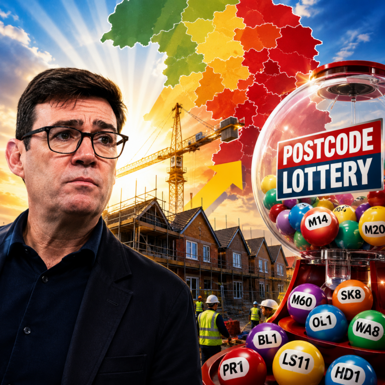 Construction site with housing development, regional map and postcode lottery graphic illustrating Labour’s council housebuilding challenges.
