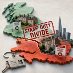 Map of England highlighting the widening North–South stamp duty divide and regional house price differences.