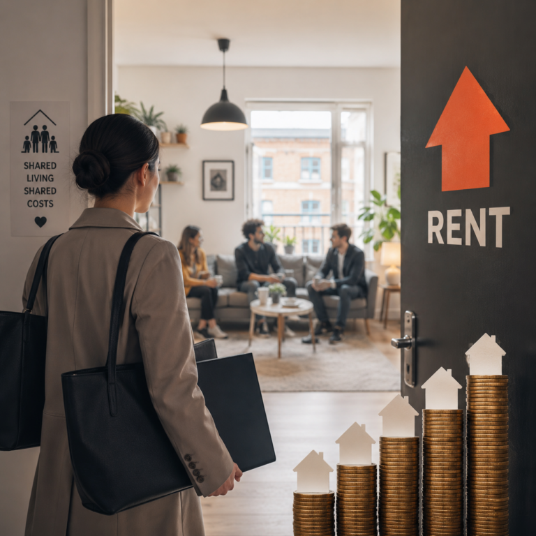 Prospective flatmate viewing a shared rental home as rising rents push higher earners into flatsharing.