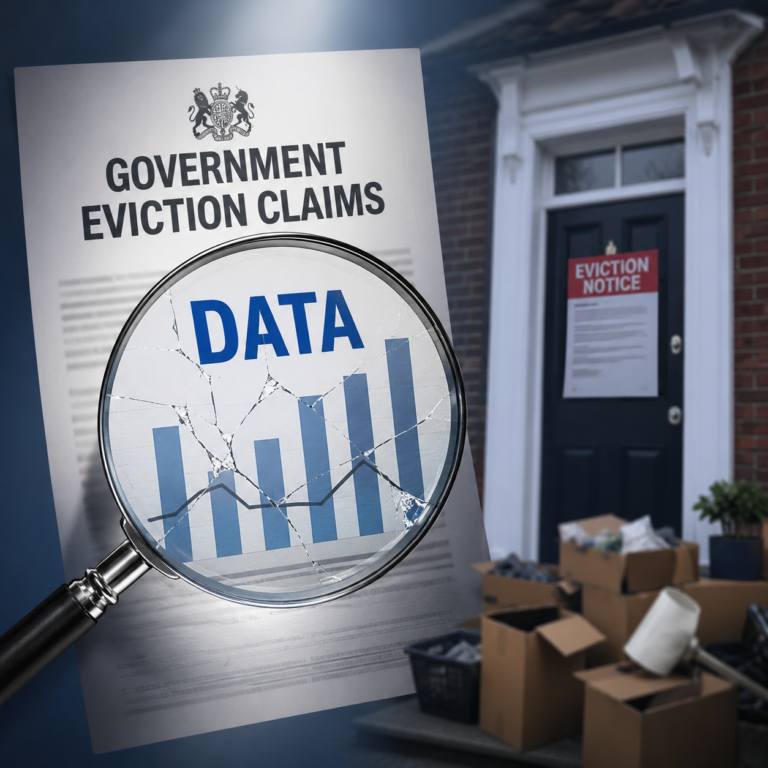 Government housing data and eviction notice illustrating analysis of the Renters' Rights Act before reforms took effect.