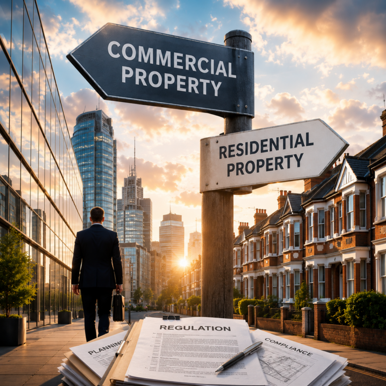 Signposts pointing to commercial and residential property, illustrating investors shifting towards commercial real estate.