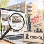 Magnifying glass over Airbnb listings with social housing investigation files, illustrating the crackdown on illegal subletting.