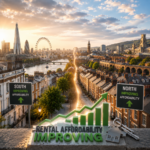 UK rental affordability improving as London skyline and regional housing market trends are illustrated