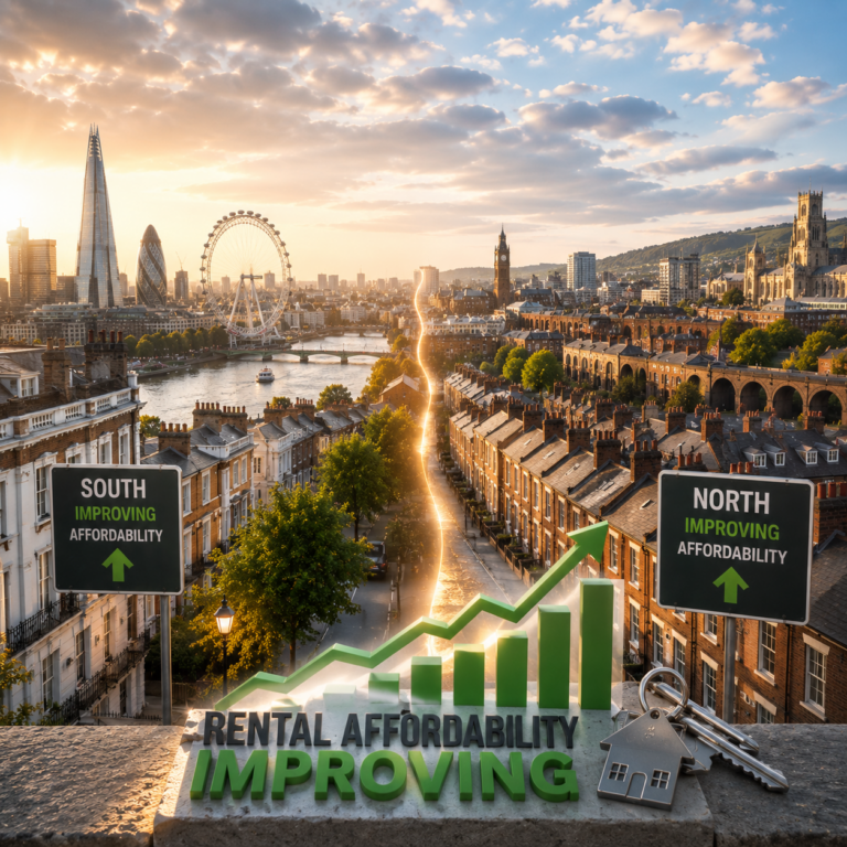 UK rental affordability improving as London skyline and regional housing market trends are illustrated