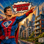 Comic-style superhero representing commonhold reform against a backdrop of modern apartment buildings and London skyline.