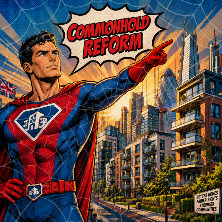 Comic-style superhero representing commonhold reform against a backdrop of modern apartment buildings and London skyline.