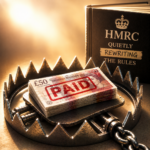 HMRC rule changes illustrated by a paid £50 note caught in a bear trap beside a tax rulebook.
