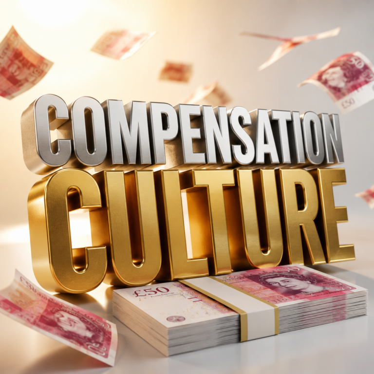 Compensation culture concept with cash and bold lettering illustrating proposed PRS Ombudsman compensation awards.