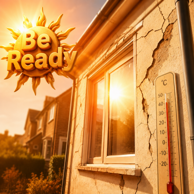 Cracked house exterior with a high thermometer during a UK heatwave, highlighting the need for landlords to prepare rental properties.