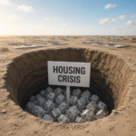 Housing crisis concept showing homes trapped in a large pit beside stalled new-build developments.