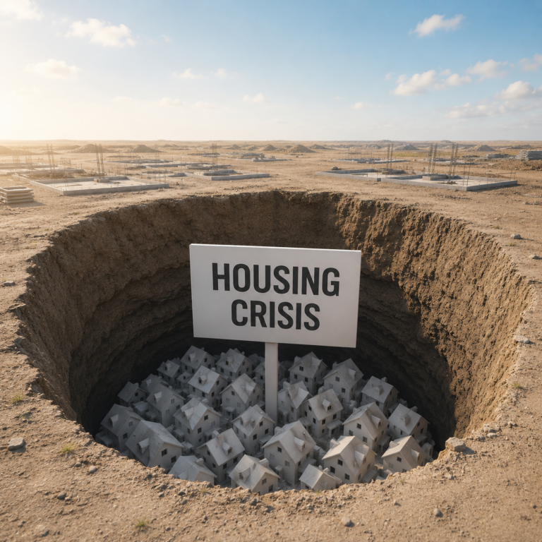 Housing crisis concept showing homes trapped in a large pit beside stalled new-build developments.