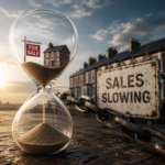 Hourglass with a house and for sale sign symbolising landlords delaying property sales after the Renters' Rights Act changes.
