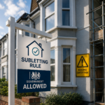 Shared ownership home with sign highlighting subletting rights for properties affected by building safety issues.