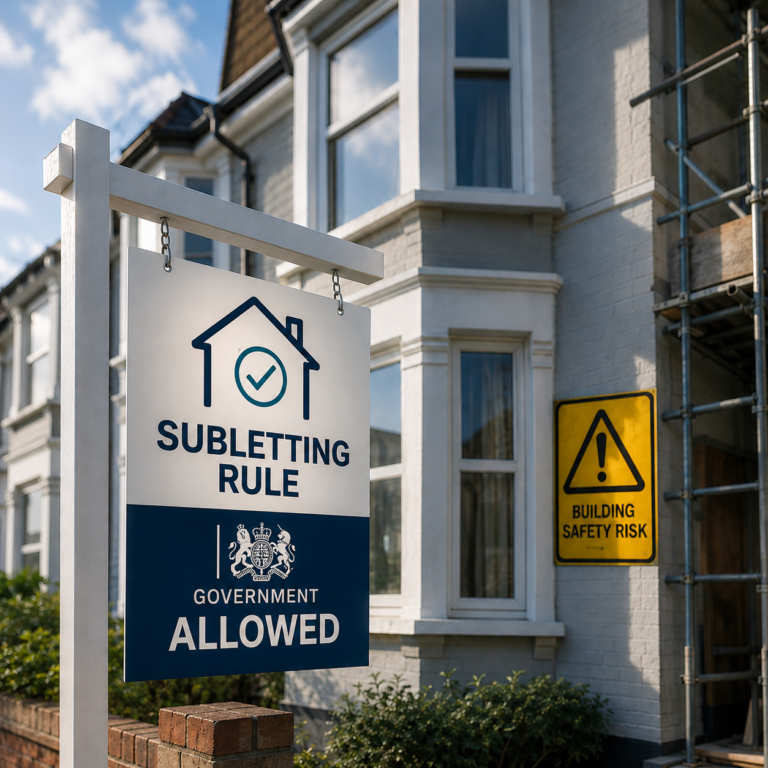 Shared ownership home with sign highlighting subletting rights for properties affected by building safety issues.
