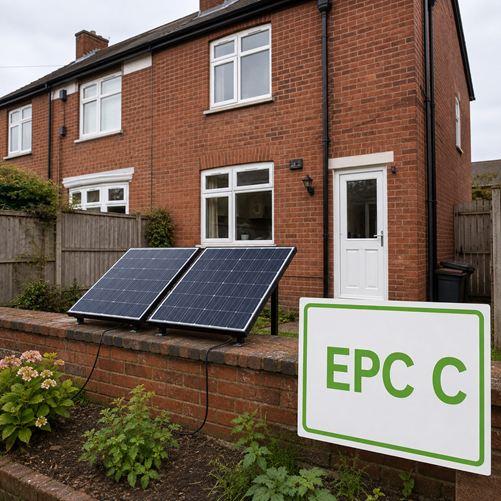 Plug-in solar panels outside a Nottingham landlord’s property beside an EPC C sign.
