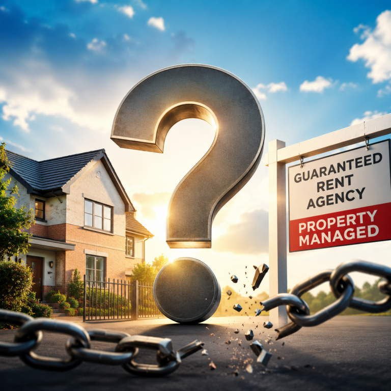 Broken chain and question mark beside a rental property and guaranteed rent agency sign