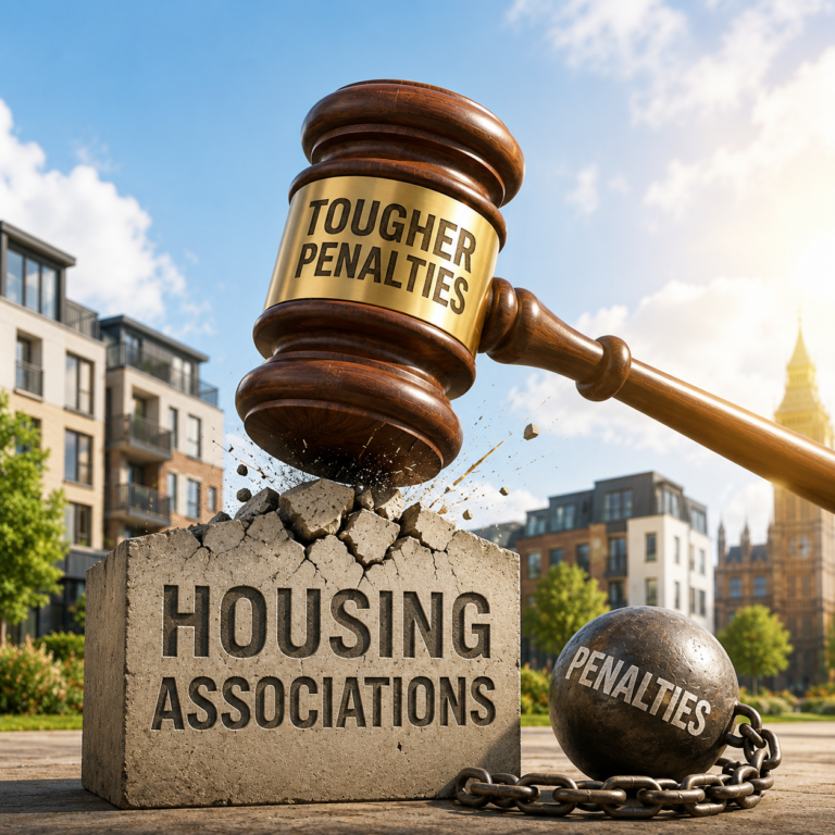 Gavel marked “tougher penalties” striking housing associations as MPs call for stronger tenant protections.